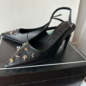 NEW Karl Lagerfeld Black Gold Embellished Kitten Heel Slingback Shoes